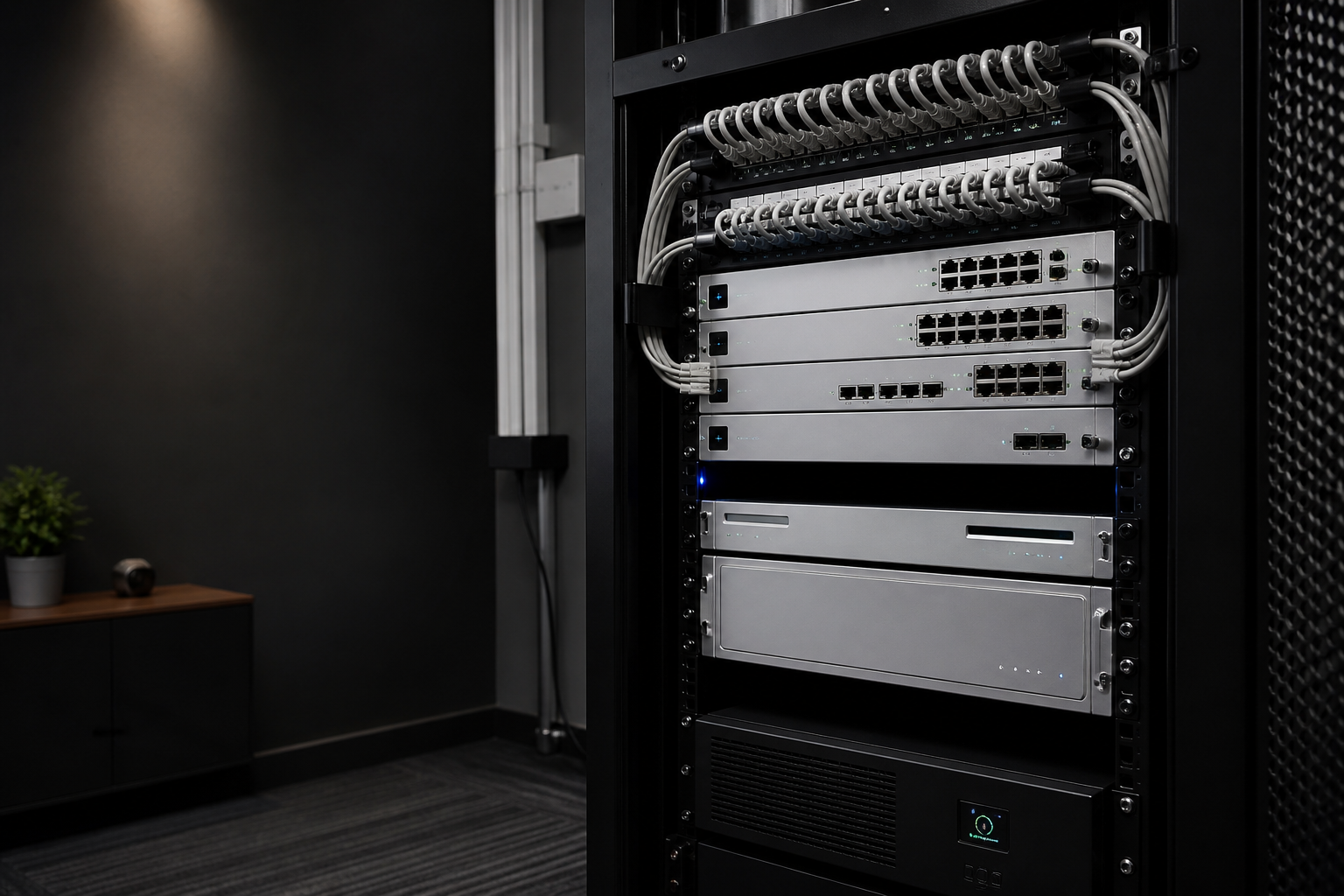 Clean UniFi network rack with organized switching and patching