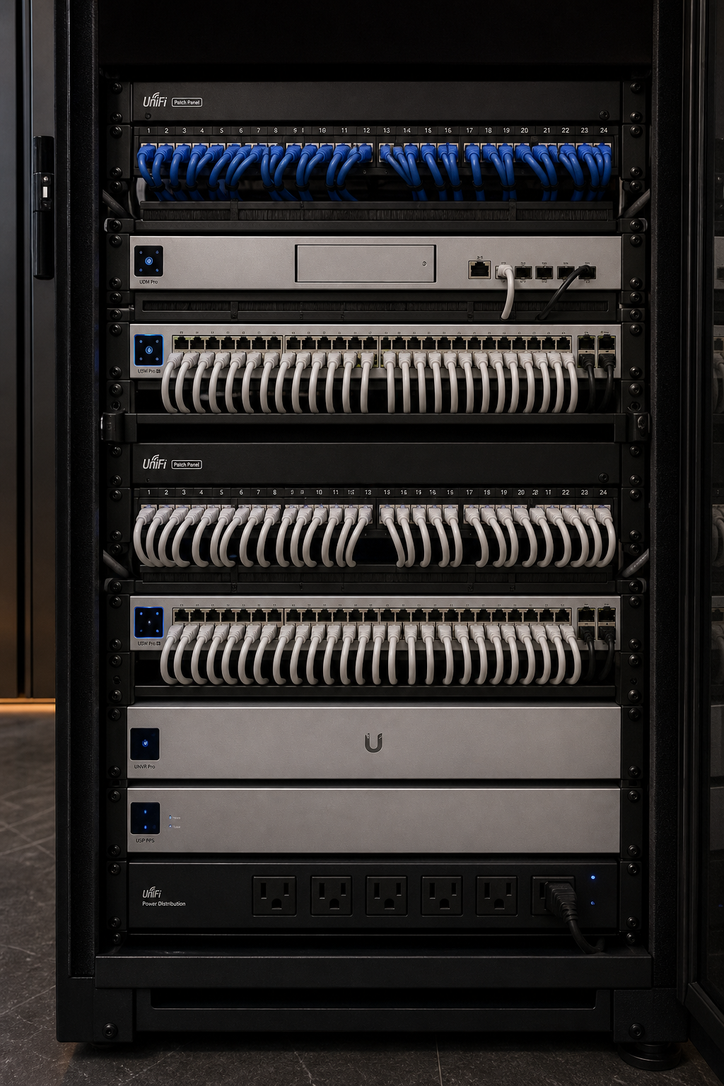 Clean UniFi network rack with organized patching and switching