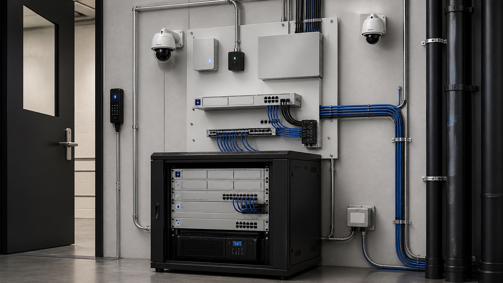 Modern corridor with access reader, camera planning, and clean site infrastructure